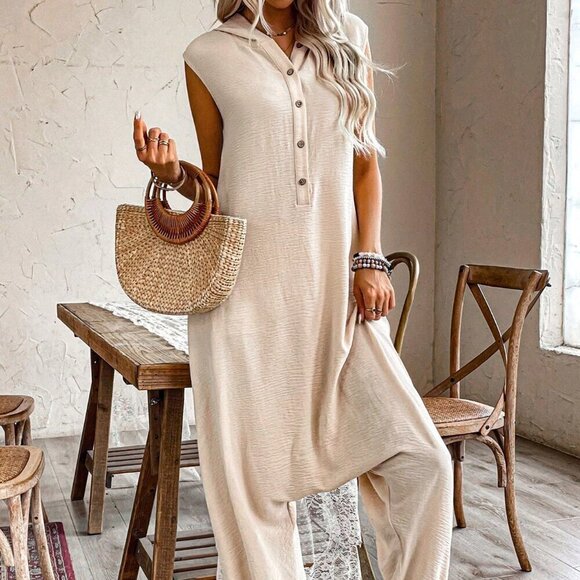 Pants - Apricot Casual Women's Half-Bottoned Sleeveless Loose Jumpsuit